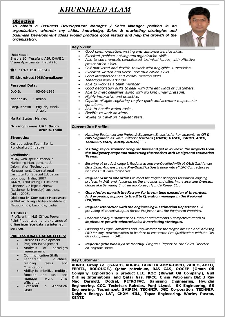 Resume For Sales Manager India