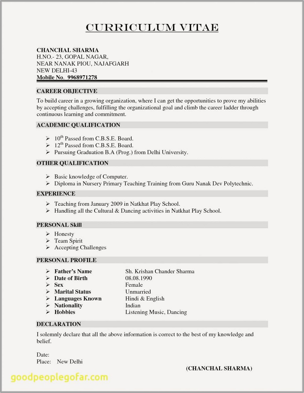 Resume Format Doc For Freshers