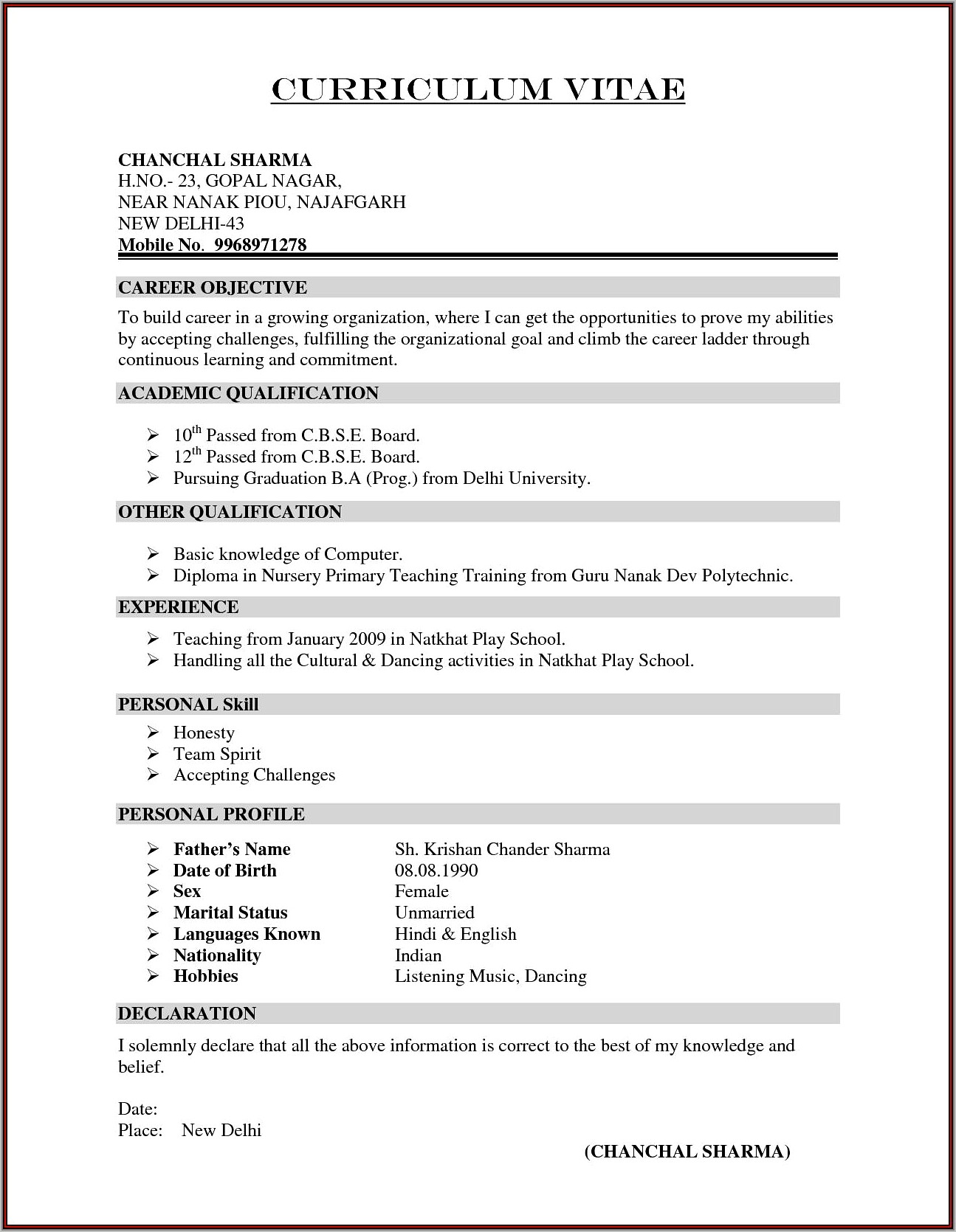 Resume Format Doc Free Download