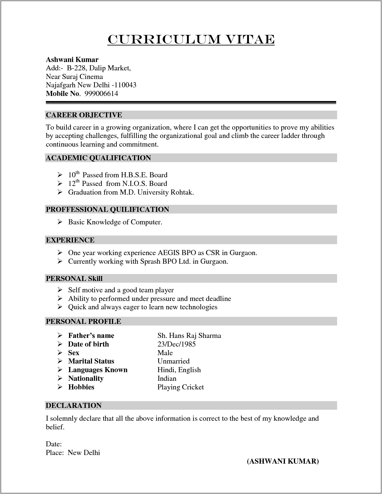 Resume Format Download Free Doc