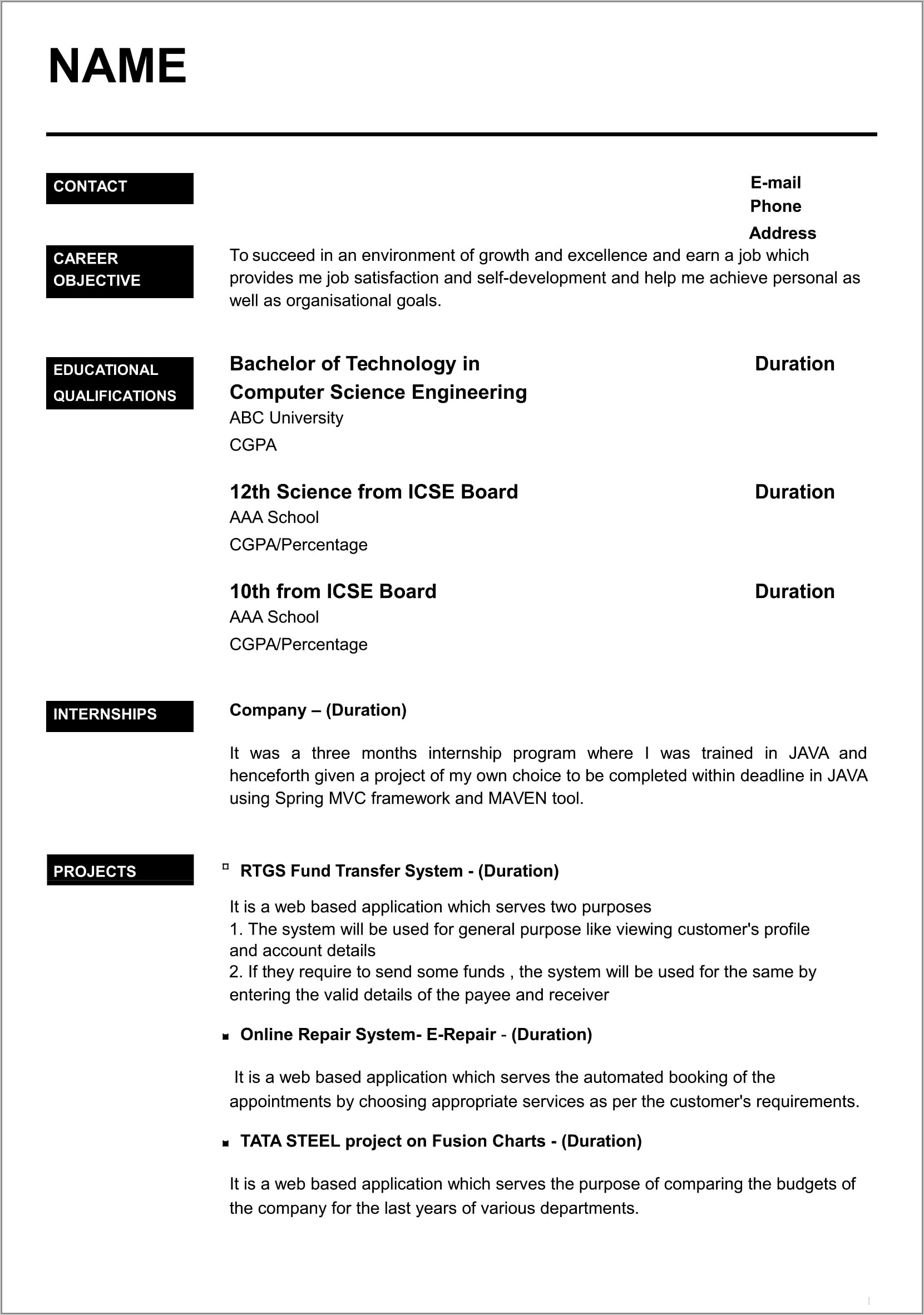 Resume Format Download Free