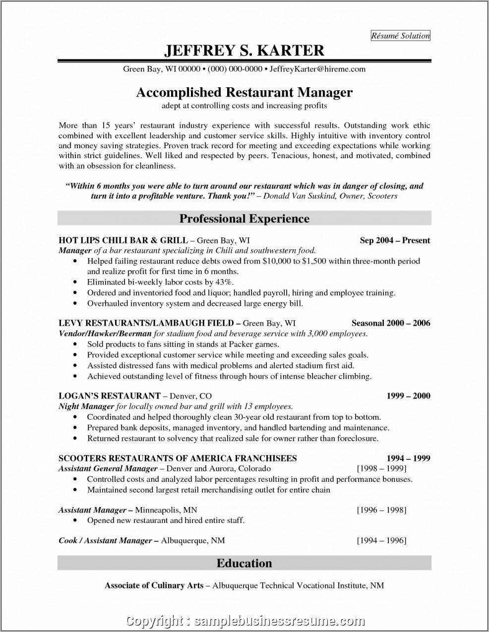 Resume Format For Assistant Restaurant Manager