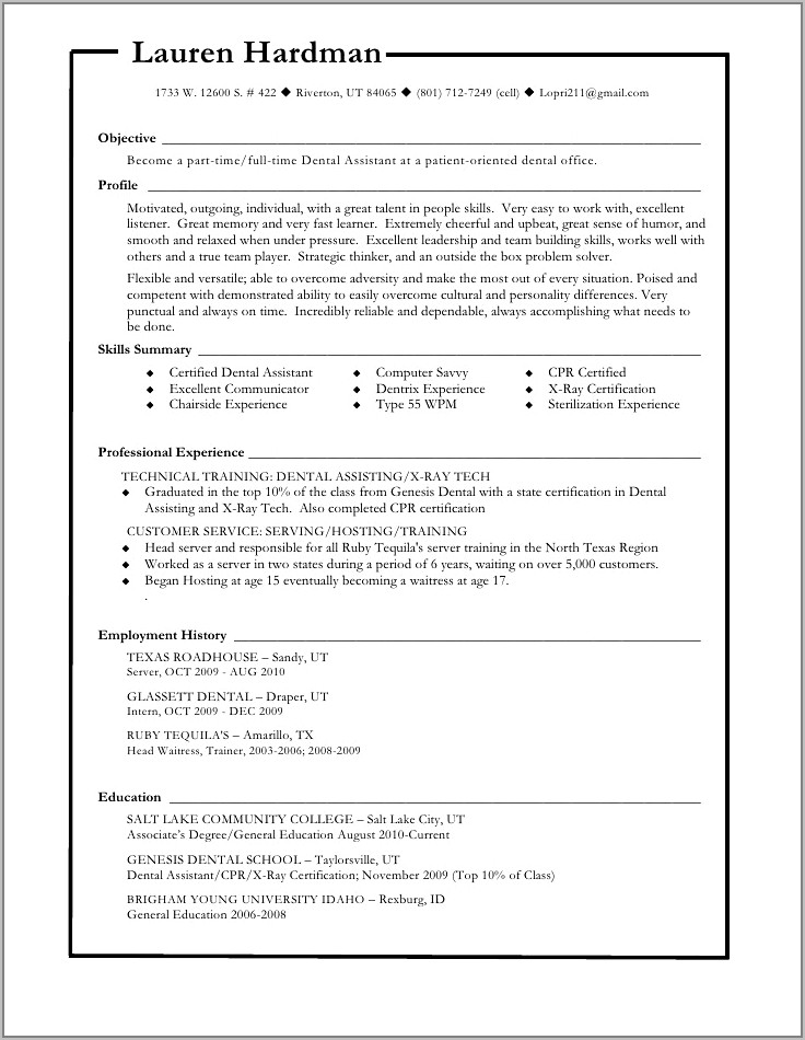 Resume Format For Dentist Job