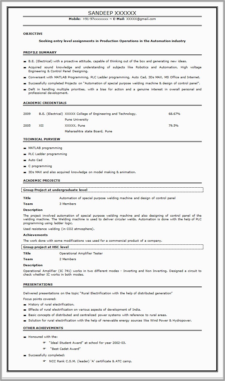 Resume Format For Diploma Electrical Engineer Fresher