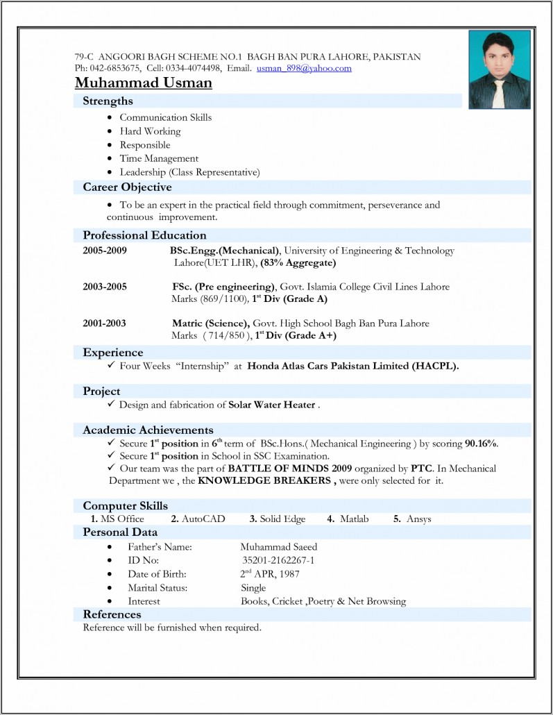 Resume Format For Engineering Students Freshers Pdf