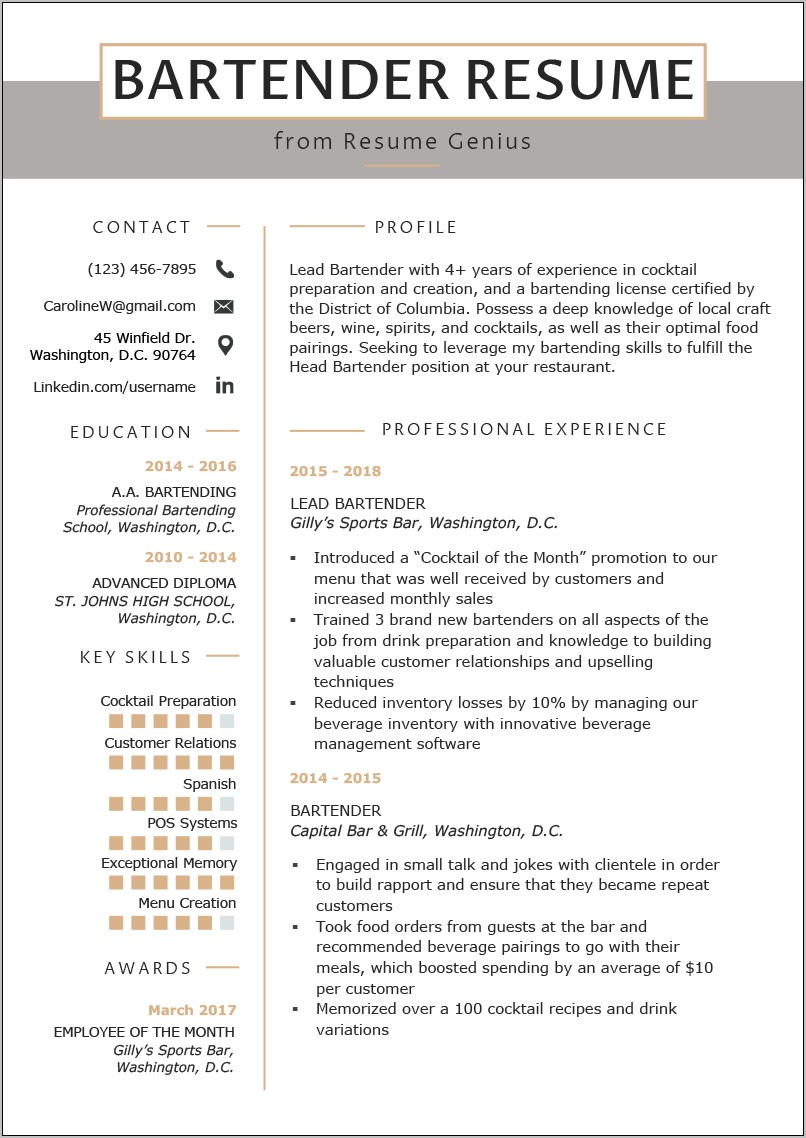 Resume Format For Experienced Bartender