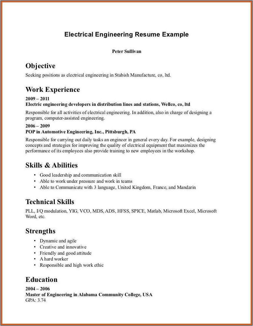 Resume Format For Experienced Electrical Engineer Pdf