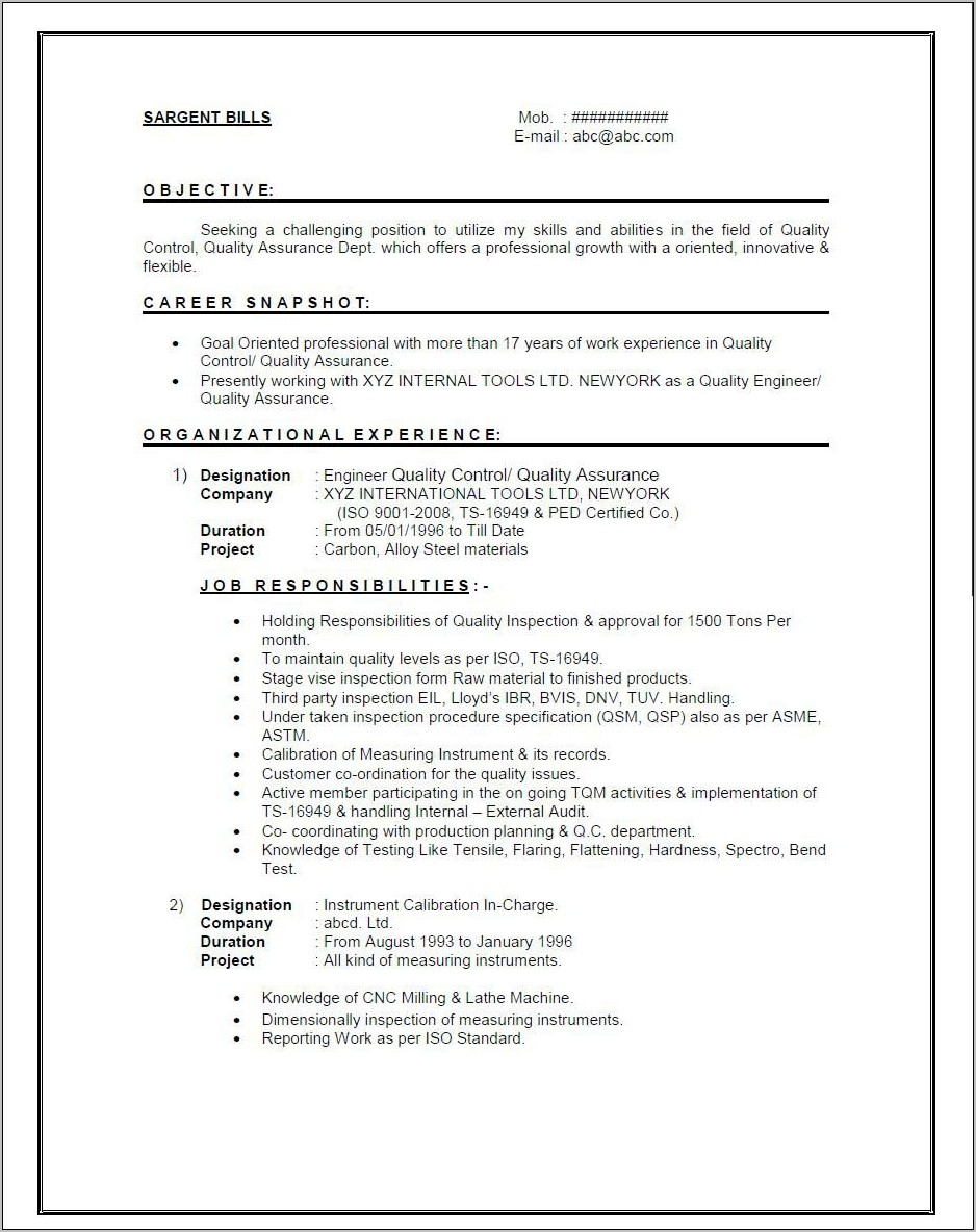 Resume Format For Experienced Mechanical Engineering Candidates