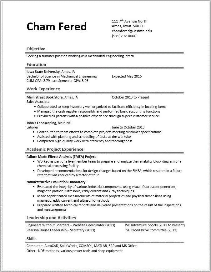 Resume Format For Fresher Mechanical Engineering Students