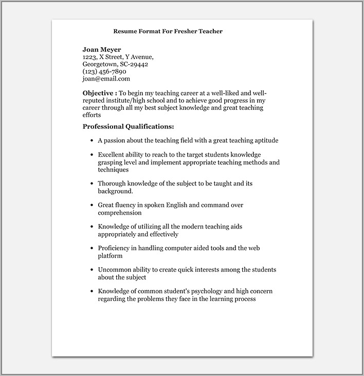 Resume Format For Fresher Teacher Jobsample