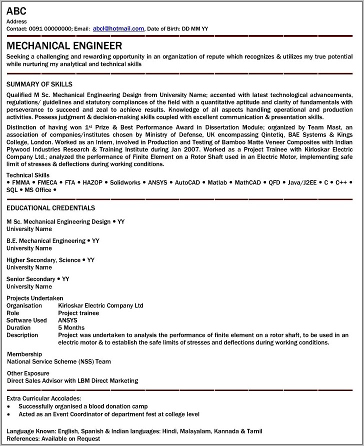 Resume Format For Freshers Engineers Mechanical