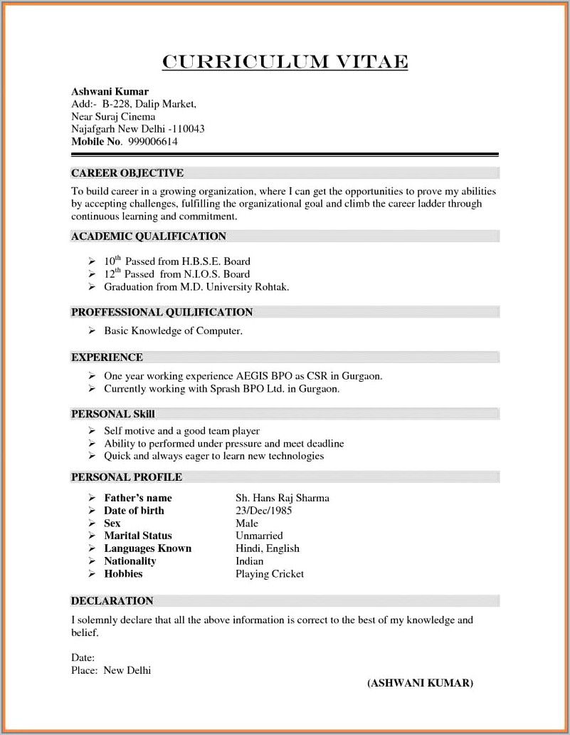 Resume Format For Freshers Engineers Pdf