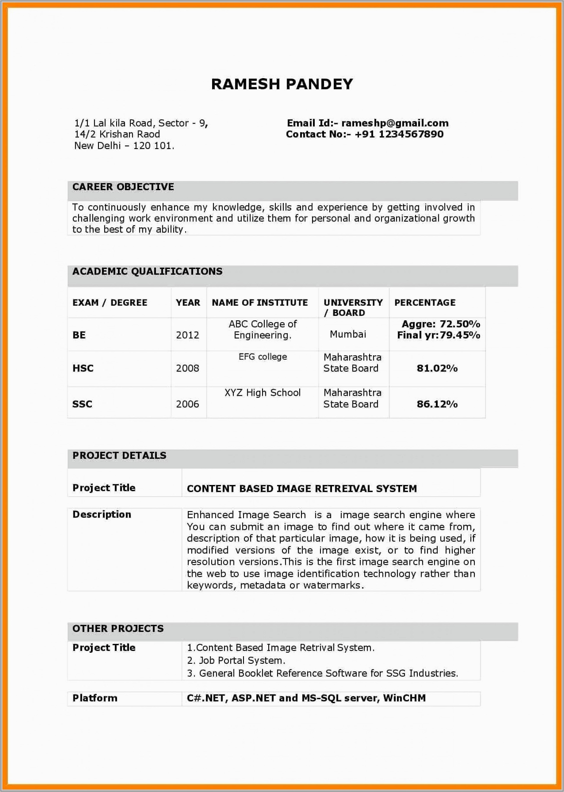 Resume Format For Freshers Word File Download