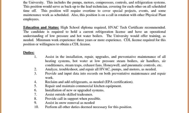 Resume Format For Hvac Technician