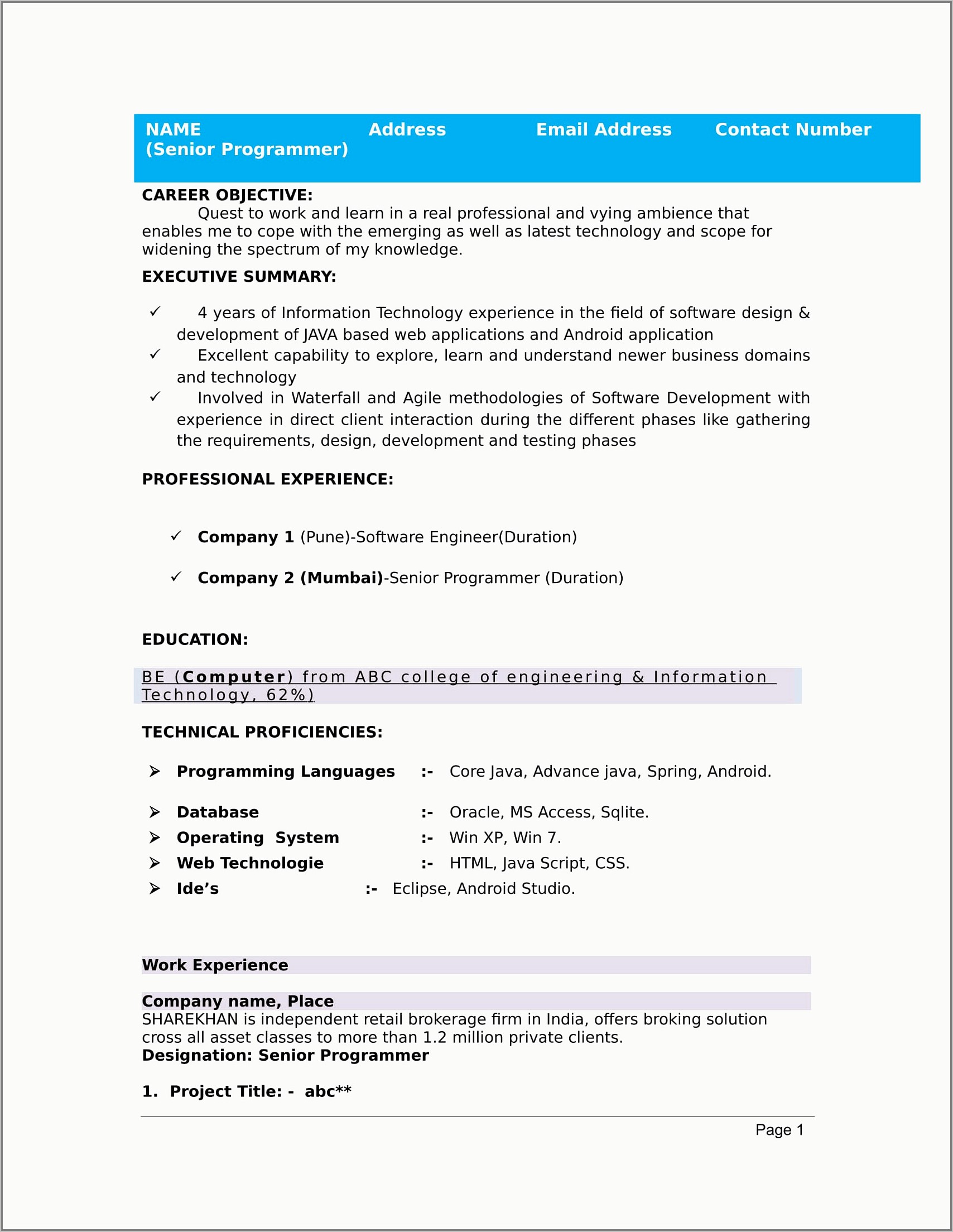 Resume Format For Indian Nurses