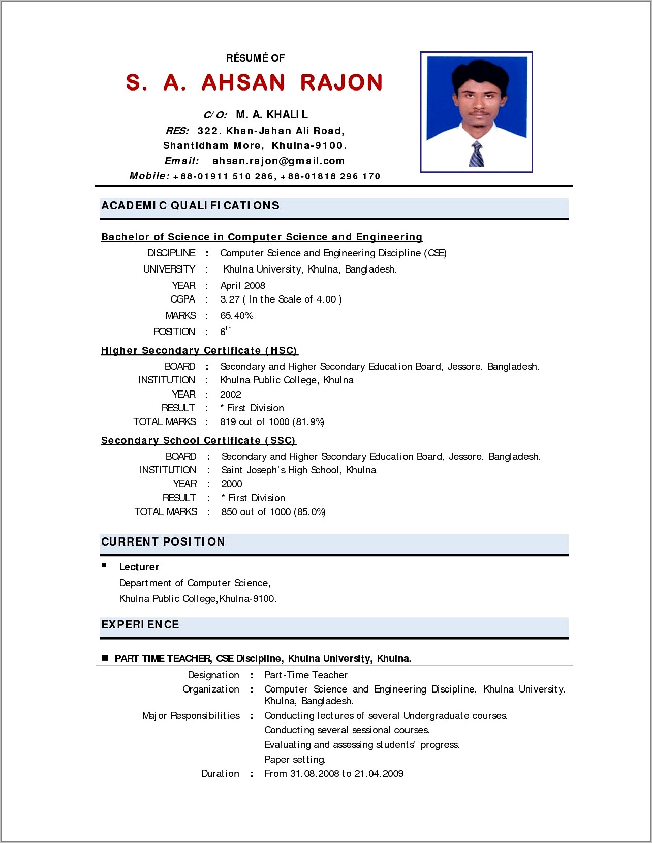 Resume Format For Lecturer Freshers Pdf