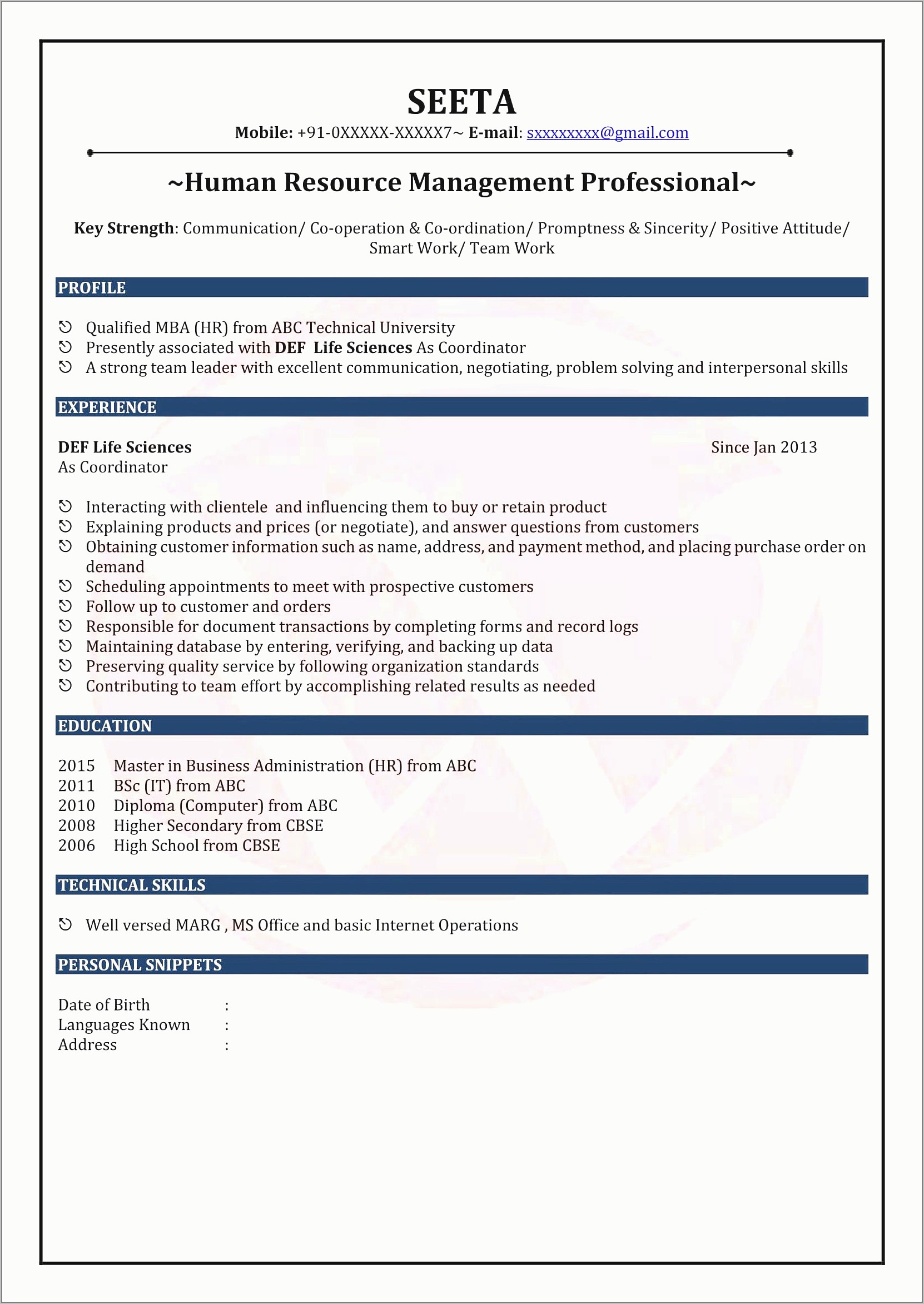 Resume Format For Mba Freshers Pdf
