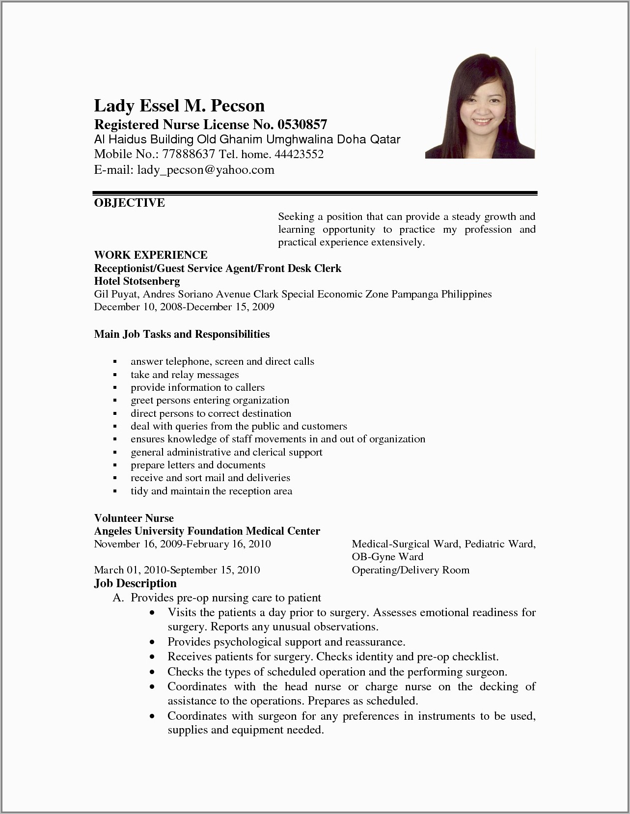 Resume Format For Nurses In Kerala