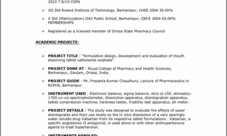 Resume Format For Pharmacy Freshers Doc