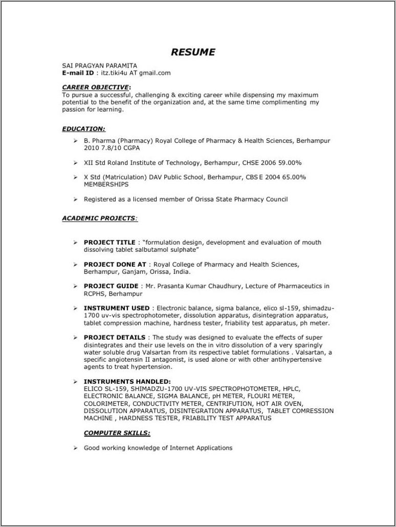 Resume Format For Pharmacy Freshers Doc