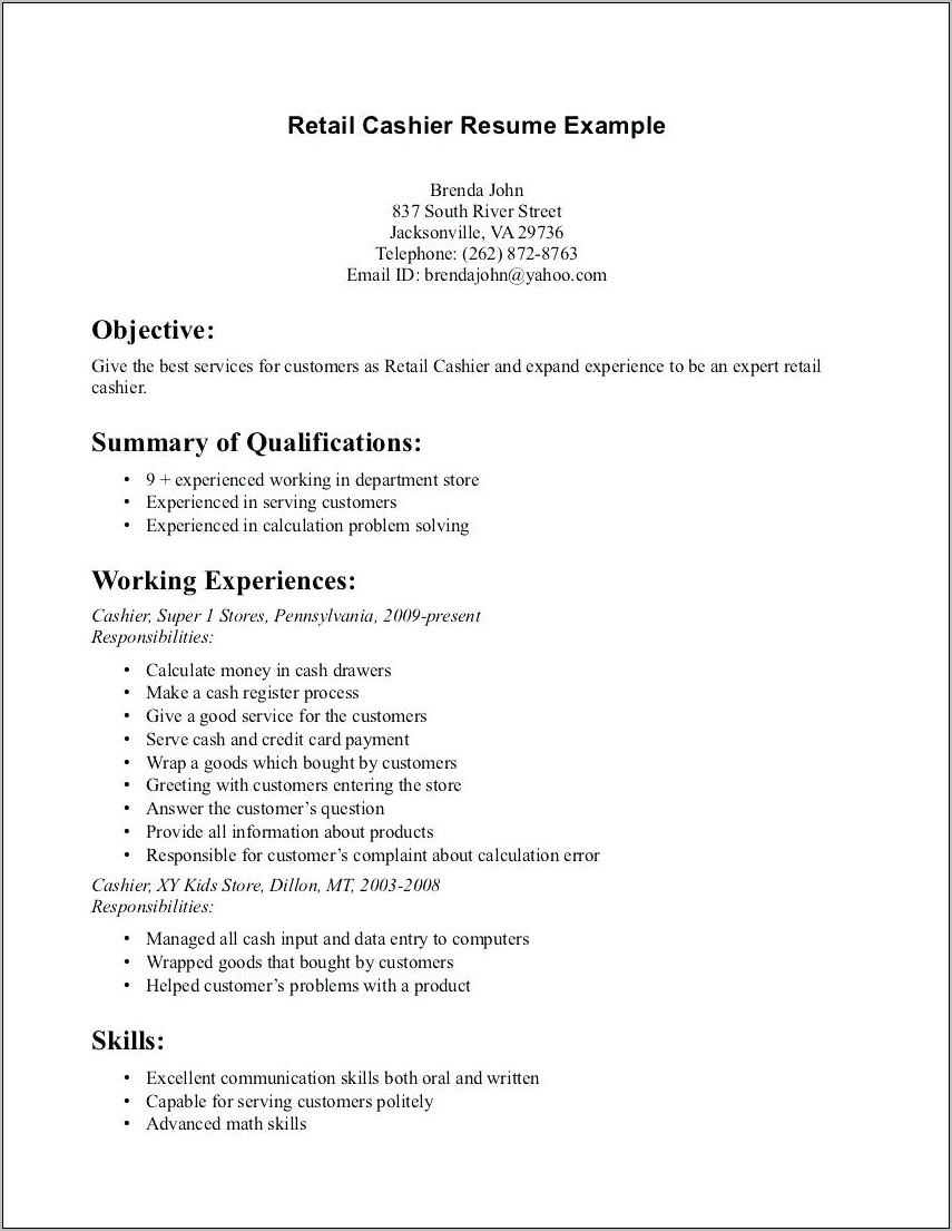 Resume Format For Retail Jobs