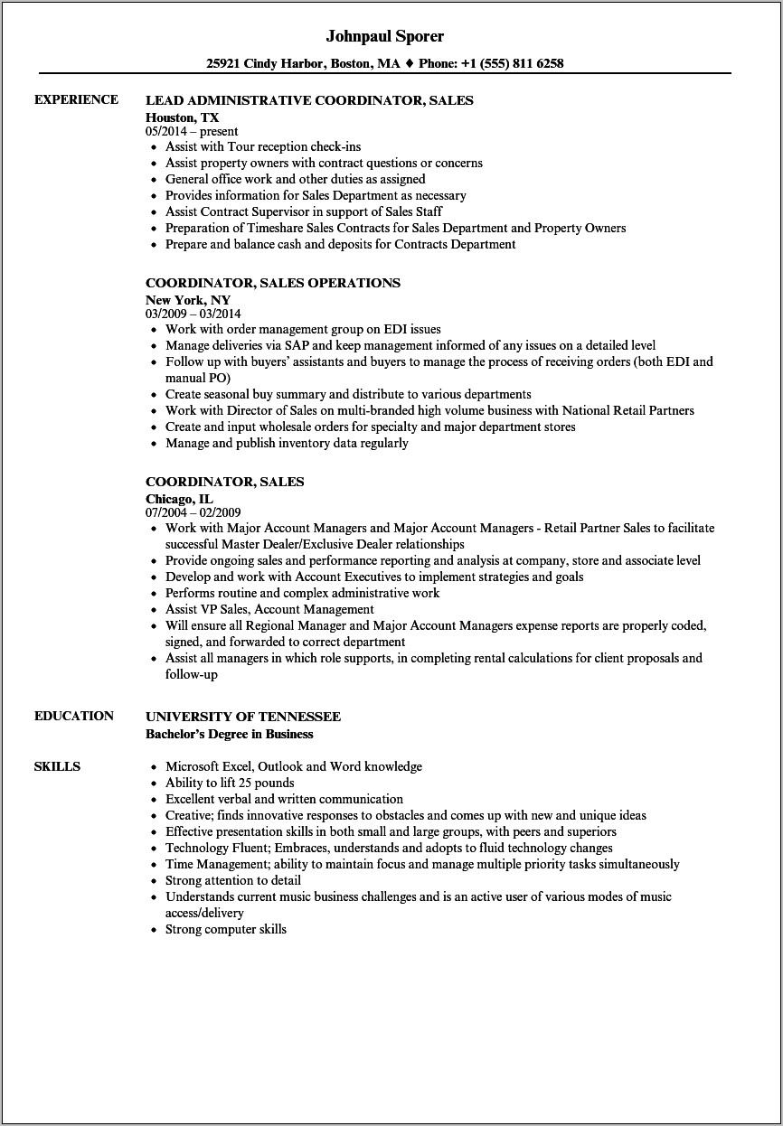 Resume Format For Sales Coordinator Jobs