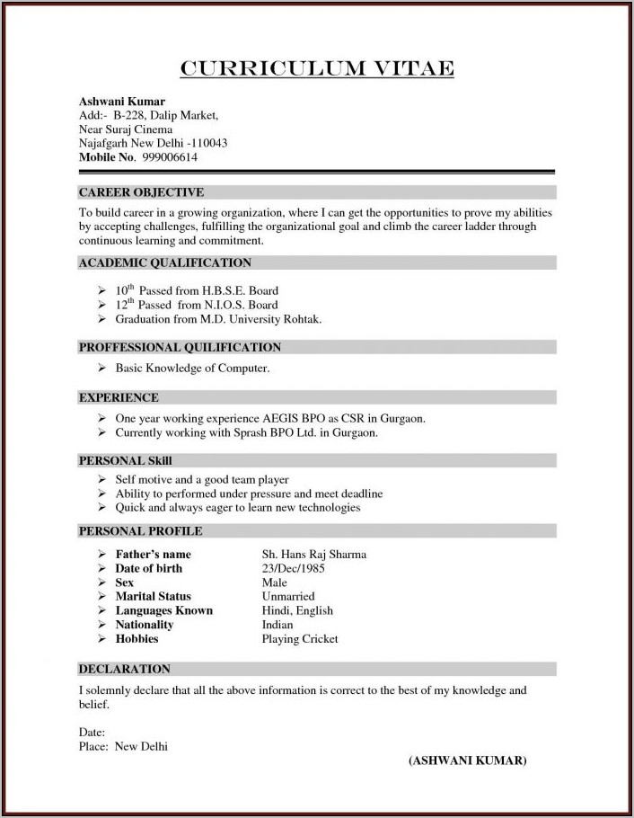 Resume Format For Tcs Pdf Free Download