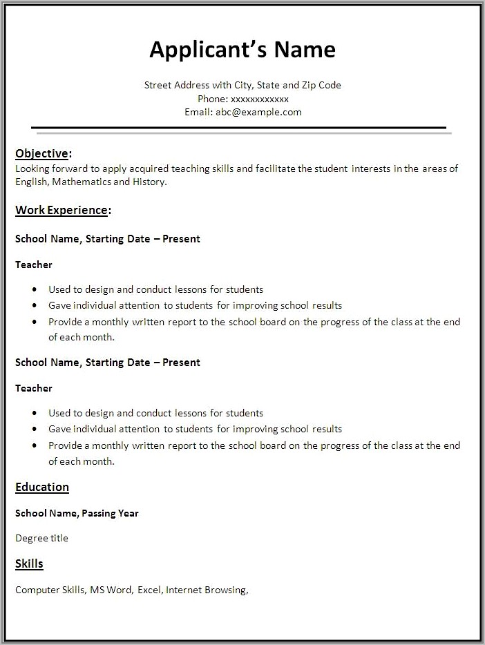Resume Format For Teacher Job Free Download