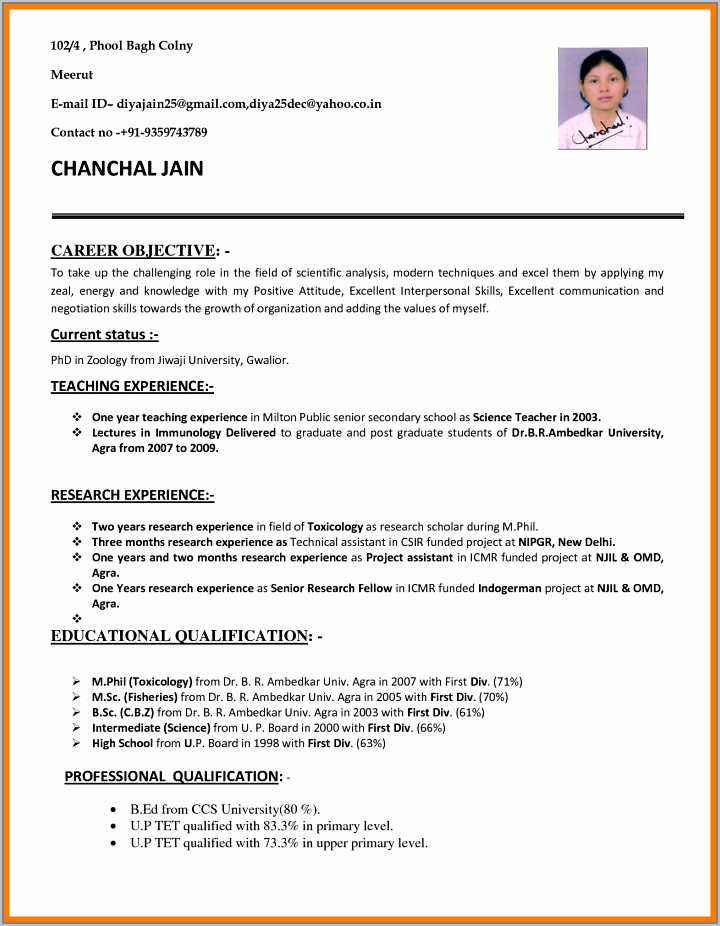 Resume Format For Teacher Job Pdf