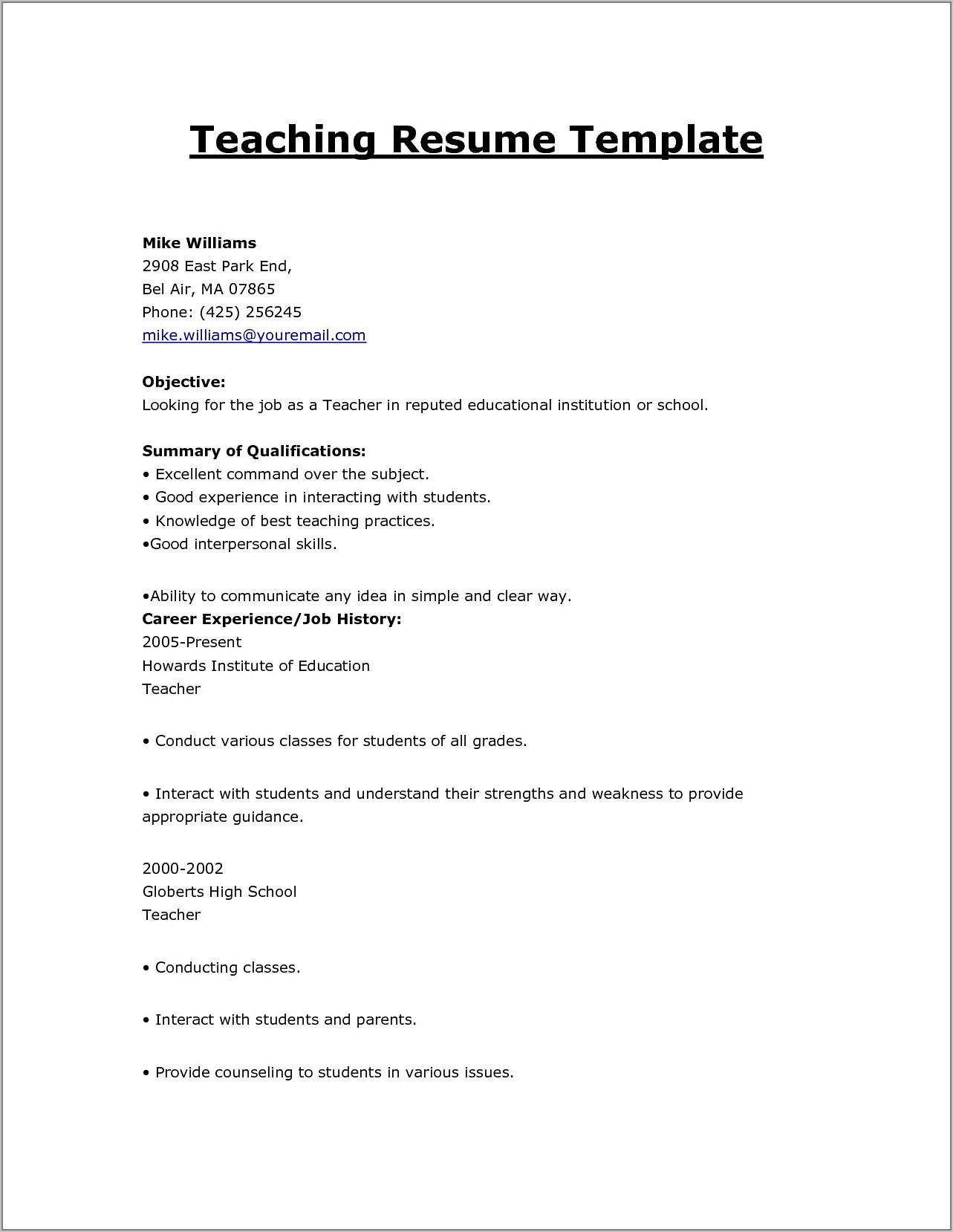 Resume Format For Teachers Template