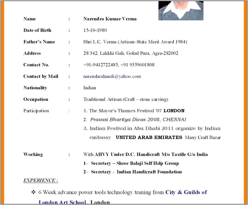Resume Format Free Download With Photo