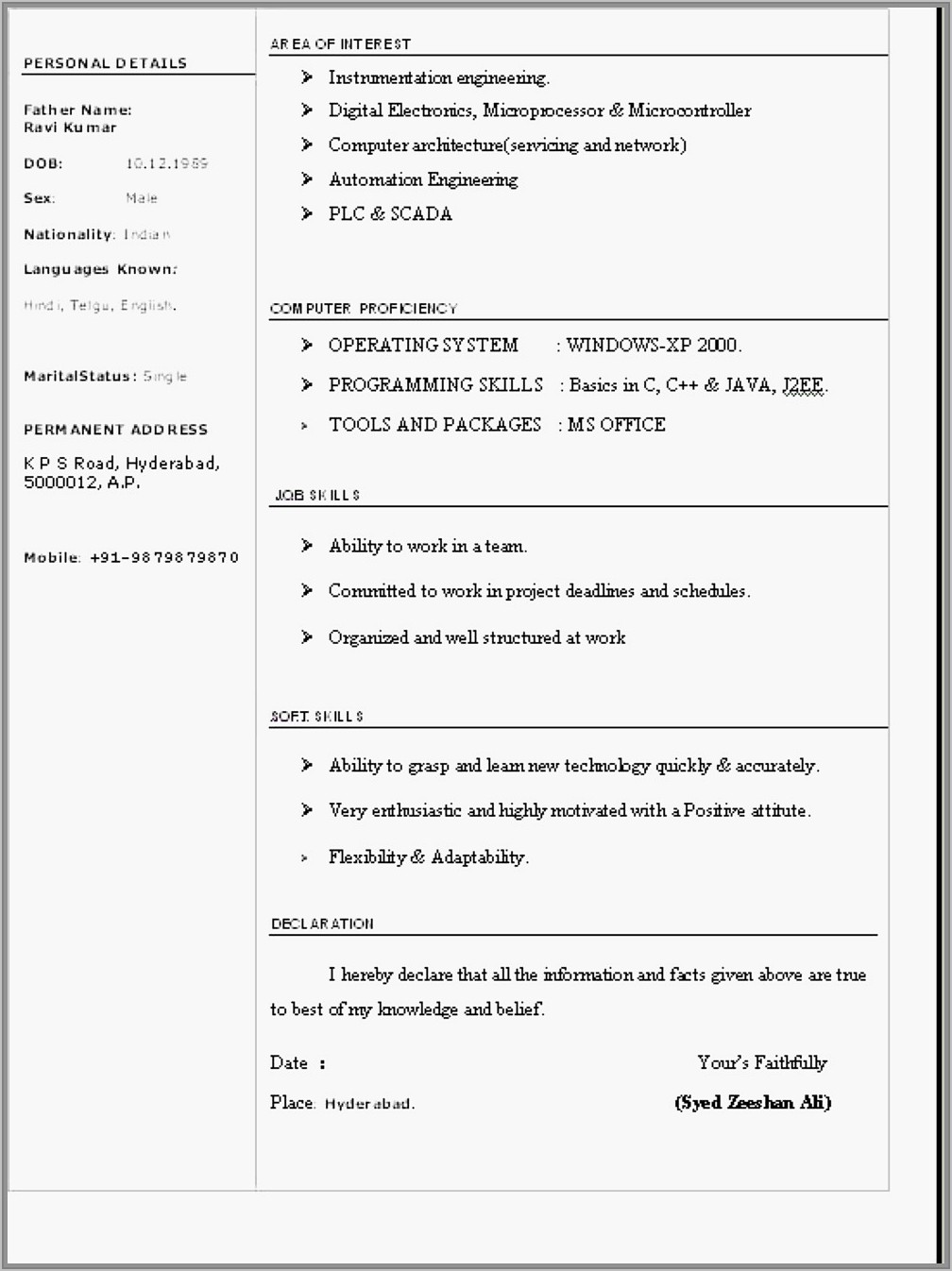 Resume Format Microsoft Office Word 2007