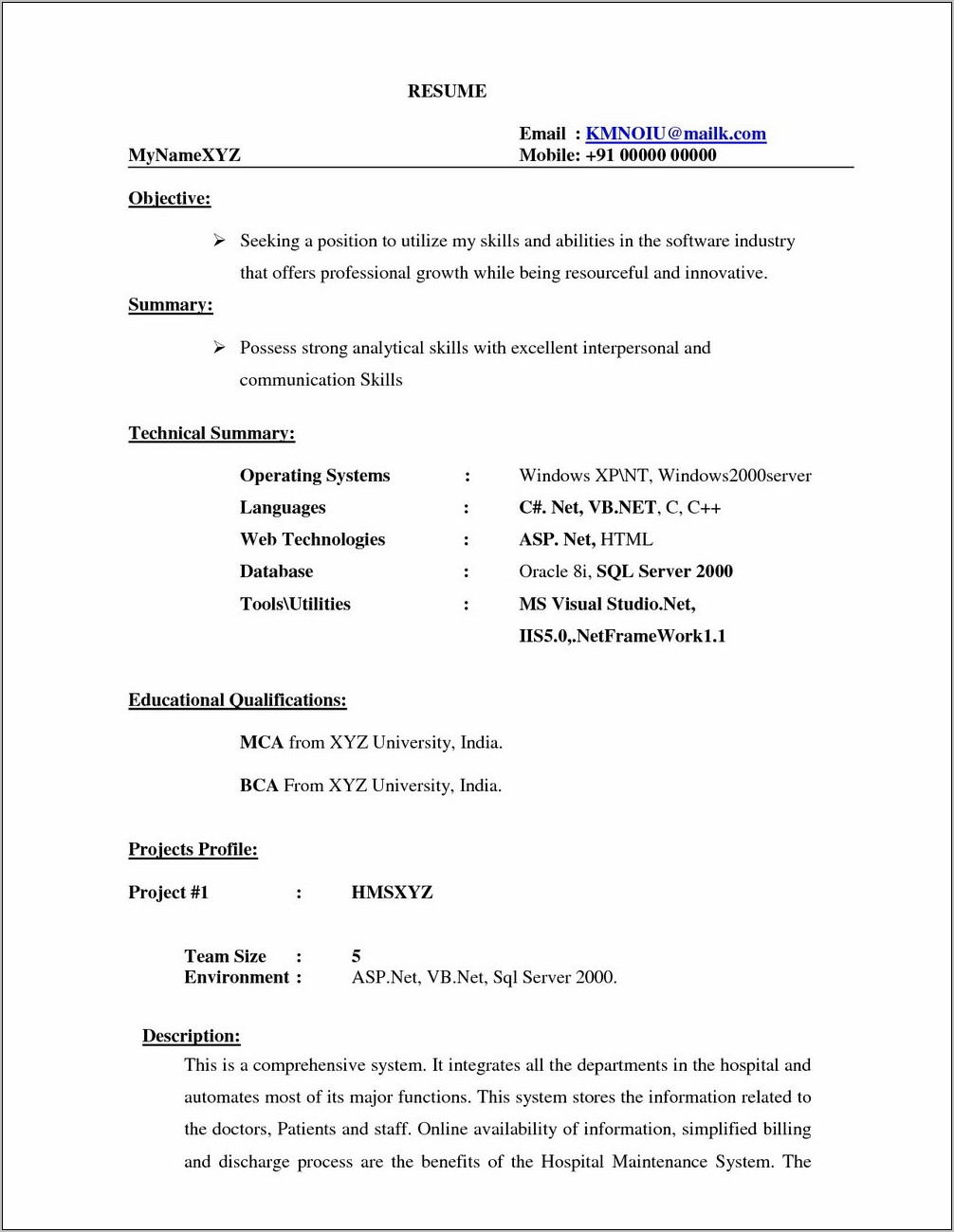 Resume Format Pdf Download For Freshers India