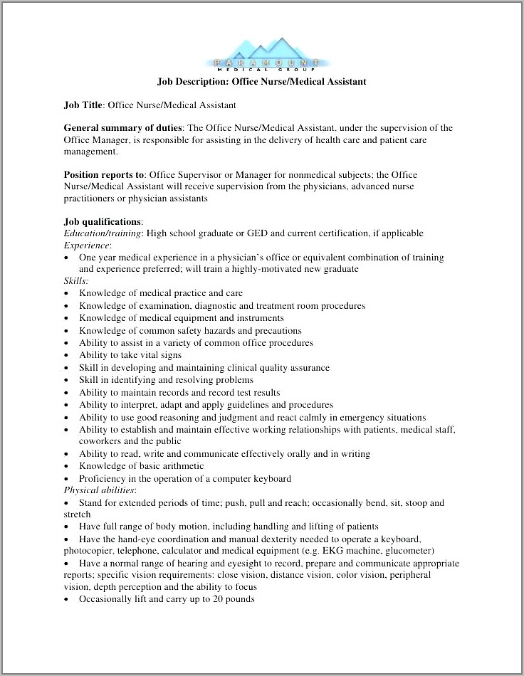 Resume Job Description For Certified Medical Assistant