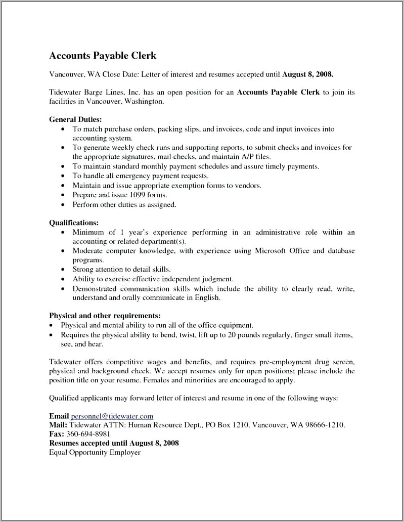 Resume Objective Examples Accounts Payable Clerk