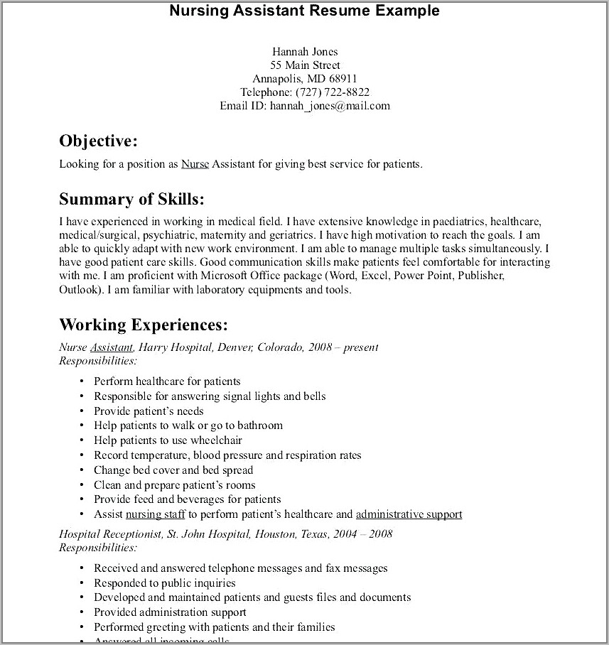 Resume Objective For Nursing Assistant
