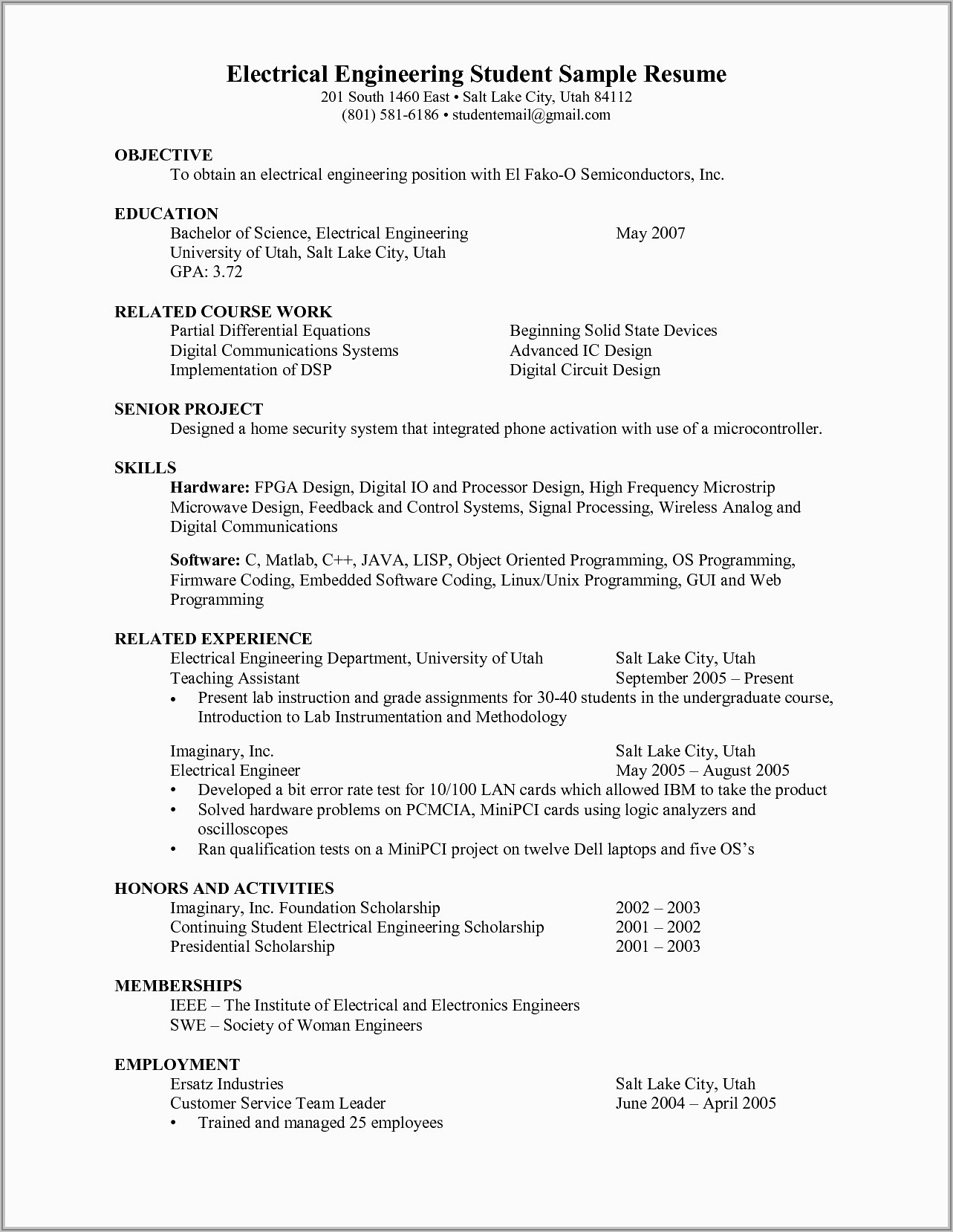 Resume Objective Samples For Electrical Engineer