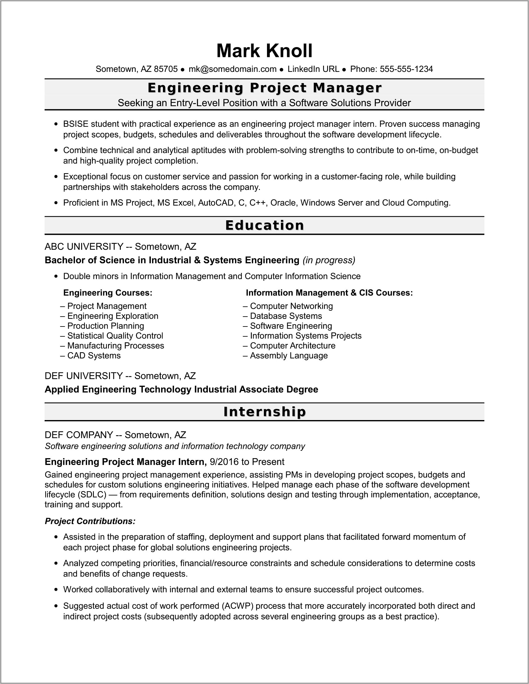 Resume Profile Examples For Project Management