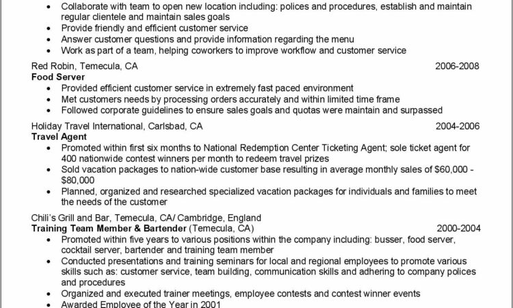 Resume Sample Bartender Server