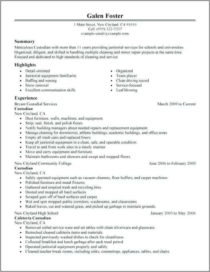 Resume Sample For Cleaning Job