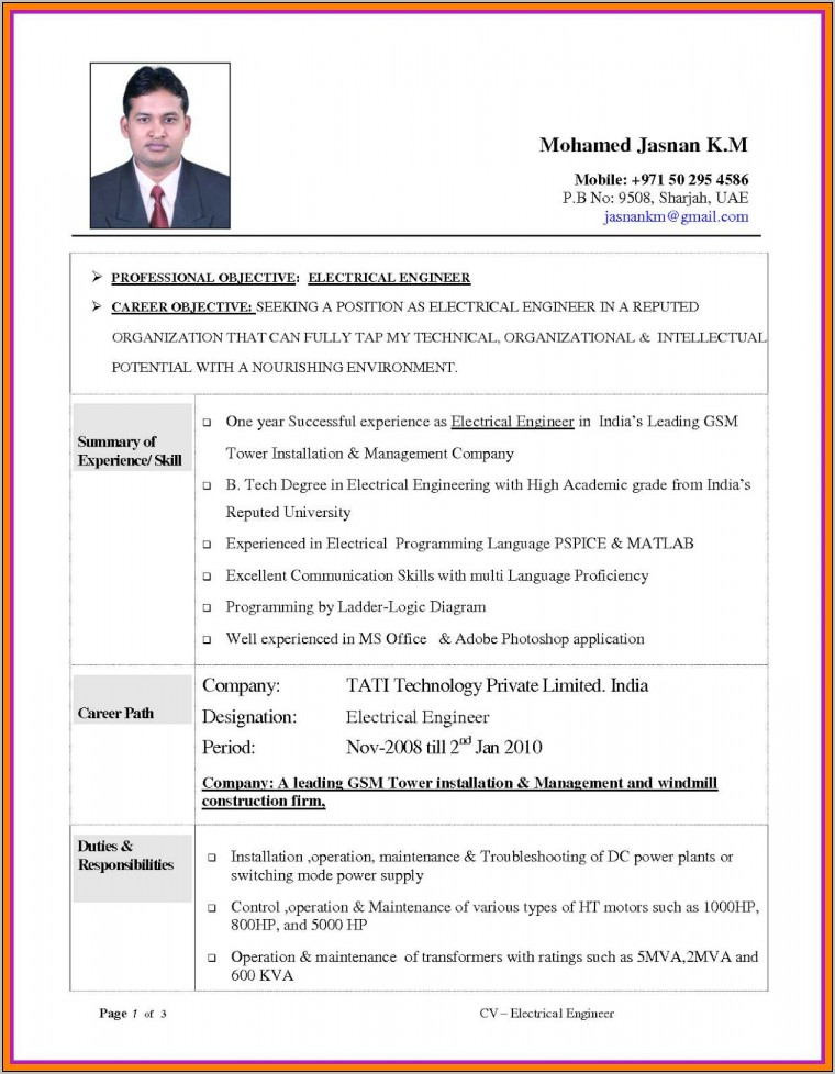 Resume Sample For Electrical Maintenance Engineer