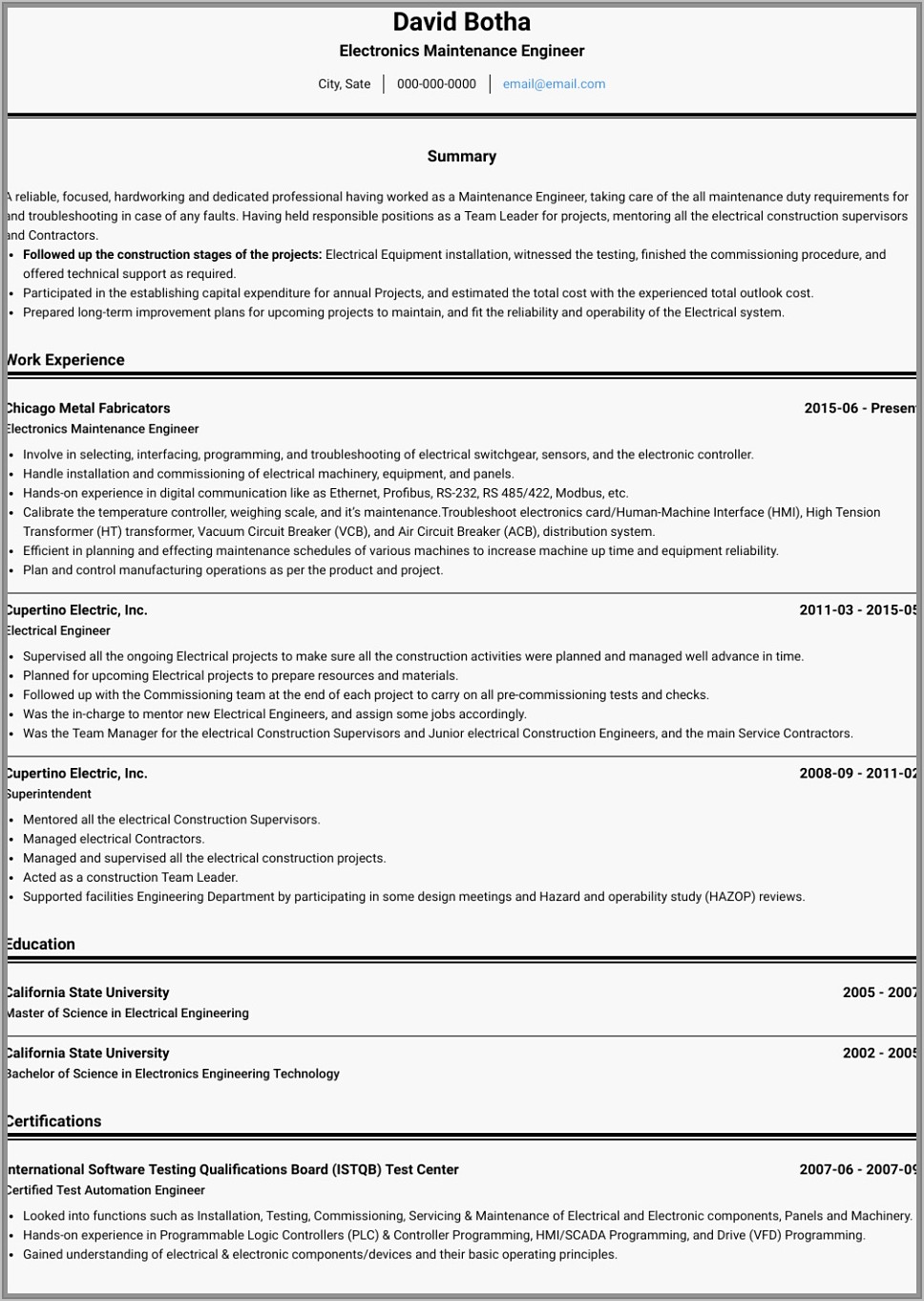 Resume Sample For Electrical Maintenance Manager