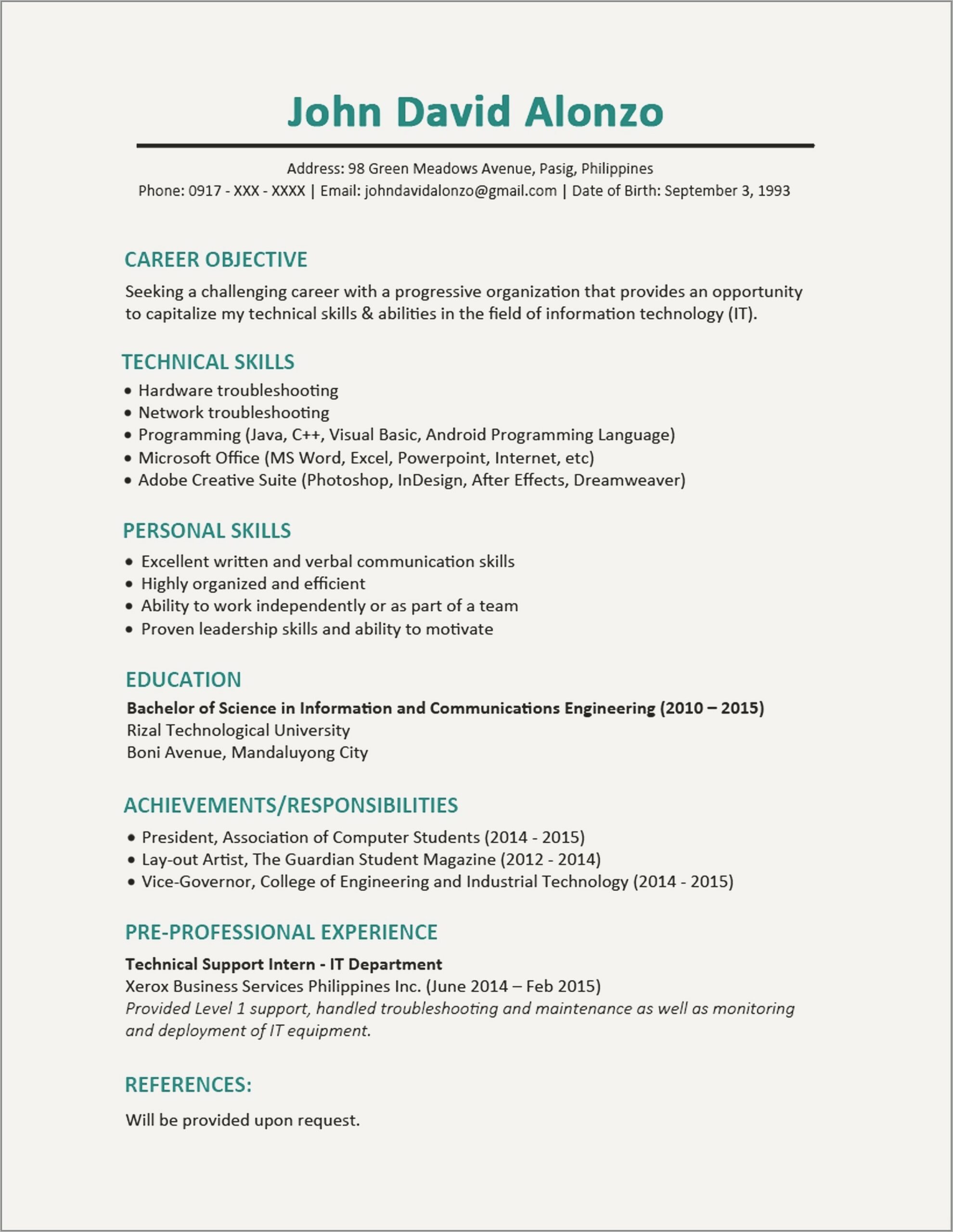 Resume Sample For Electrical Technician