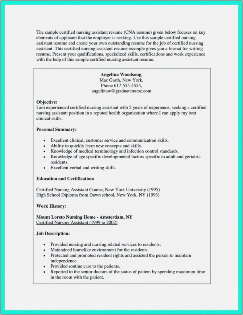 Resume Sample For Nursing Aide