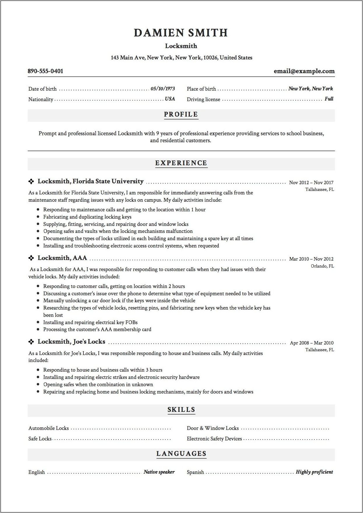 Resume Sample Template Free Download