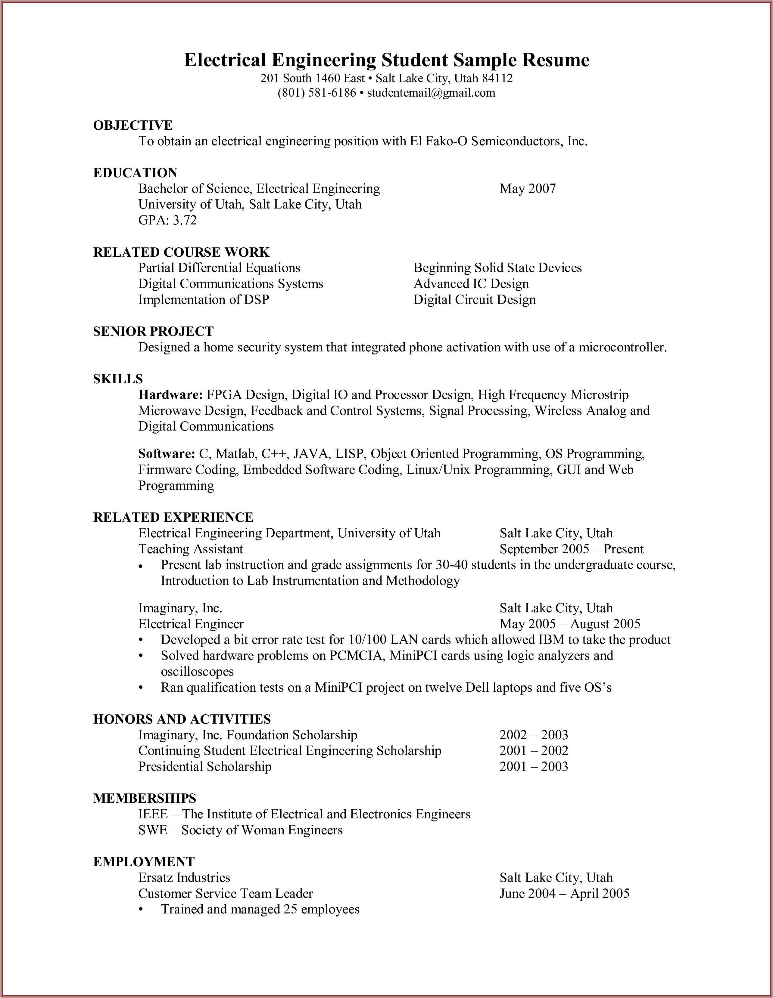 Resume Samples For Electrical Engineers Freshers