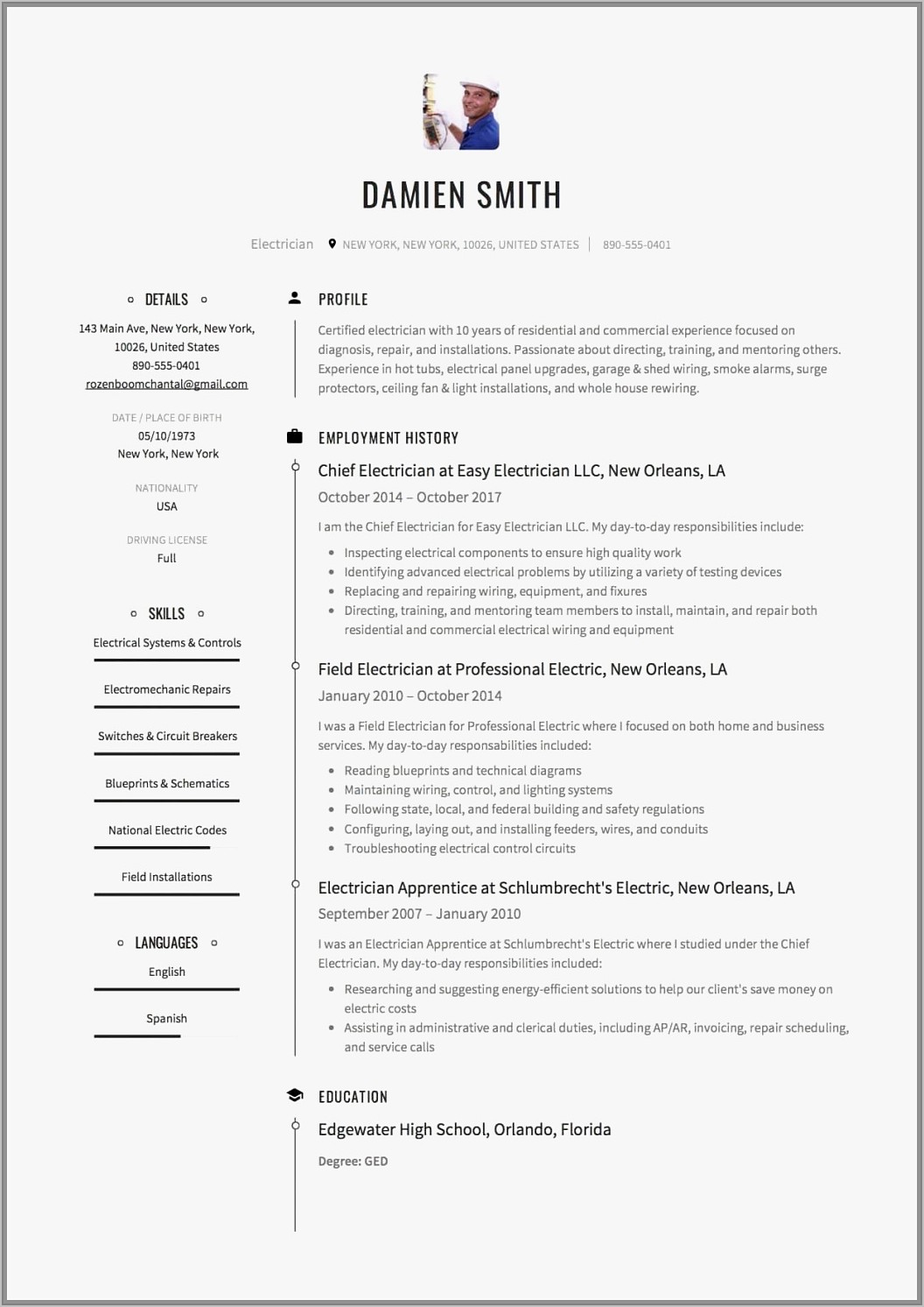 Resume Samples For Electricians