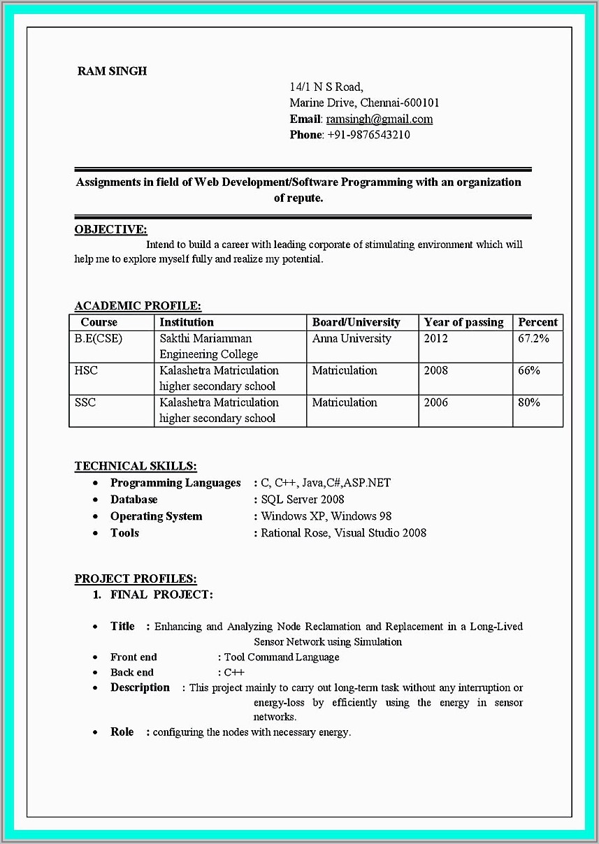 Resume Samples For Freshers Free Download Pdf
