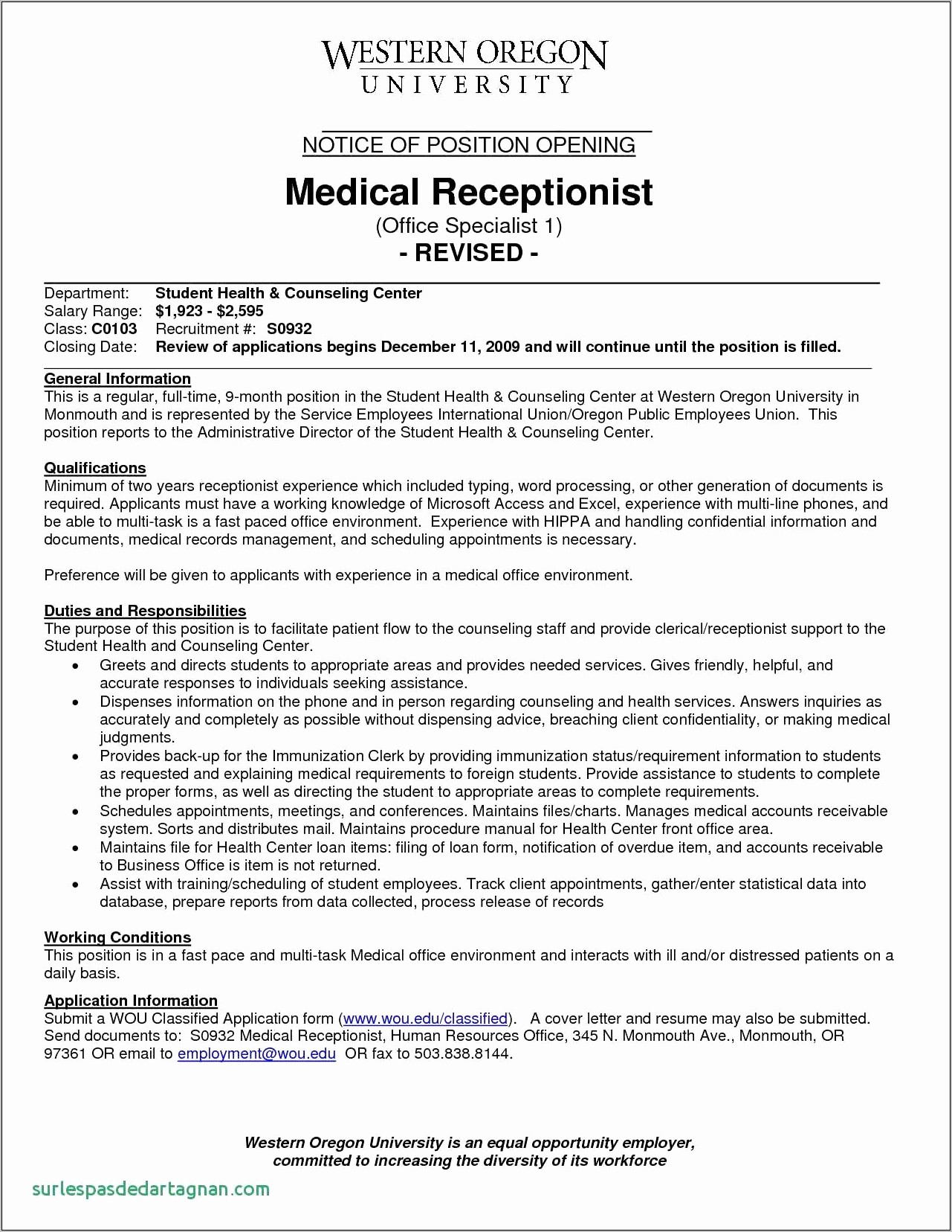 Resume Samples For Medical Office Receptionist
