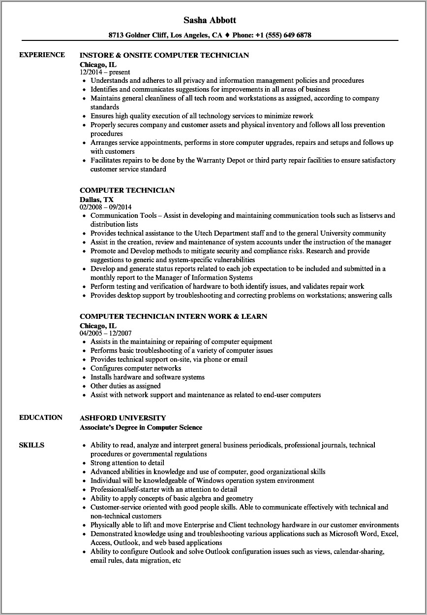 Resume Summary Computer Technician
